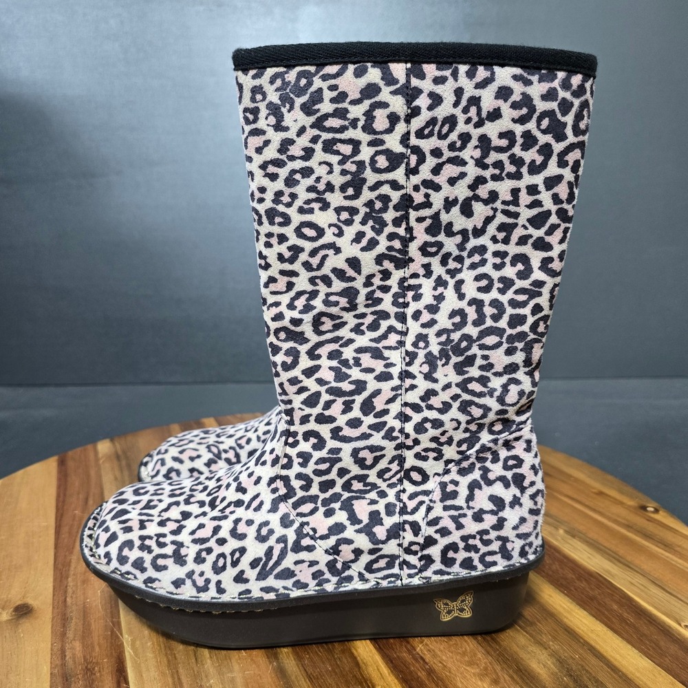 Alegria Boots Womens 37 Leopard Animal Print Leather Shearling Mid Calf Platform